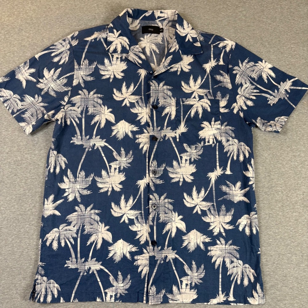 Onia Mens Palm Tree Print Short Sleeve Button Down Shirt Navy Blue White Size M